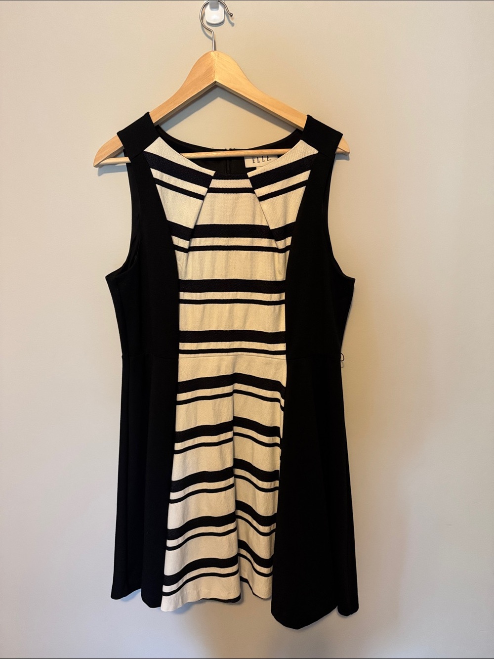 Elle Black and White Striped Panel Fit & Flare Dress